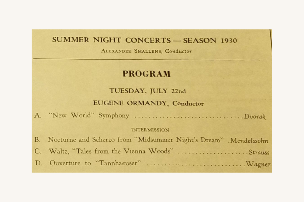 Program for Eugene Ormandy’s second concert at Robin Hood Dell, July 22, 1930.